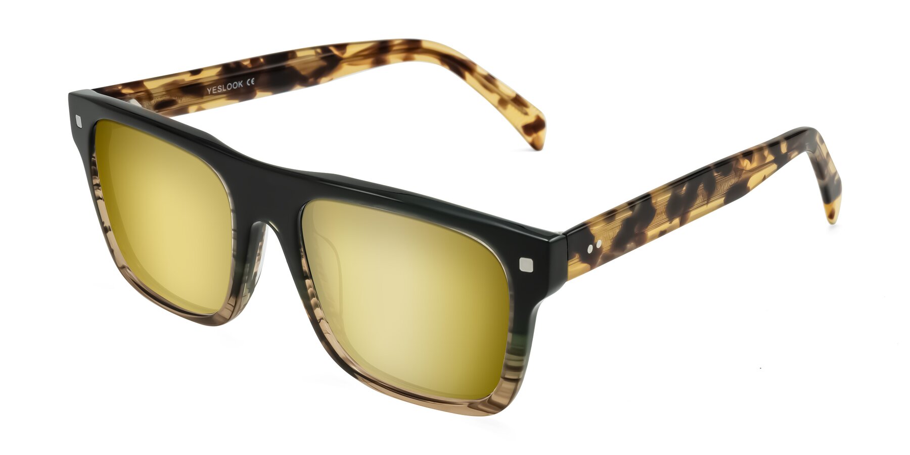 Angle of Emas in Green Brown Striped/Honey Tortoise with Gold Mirrored Lenses