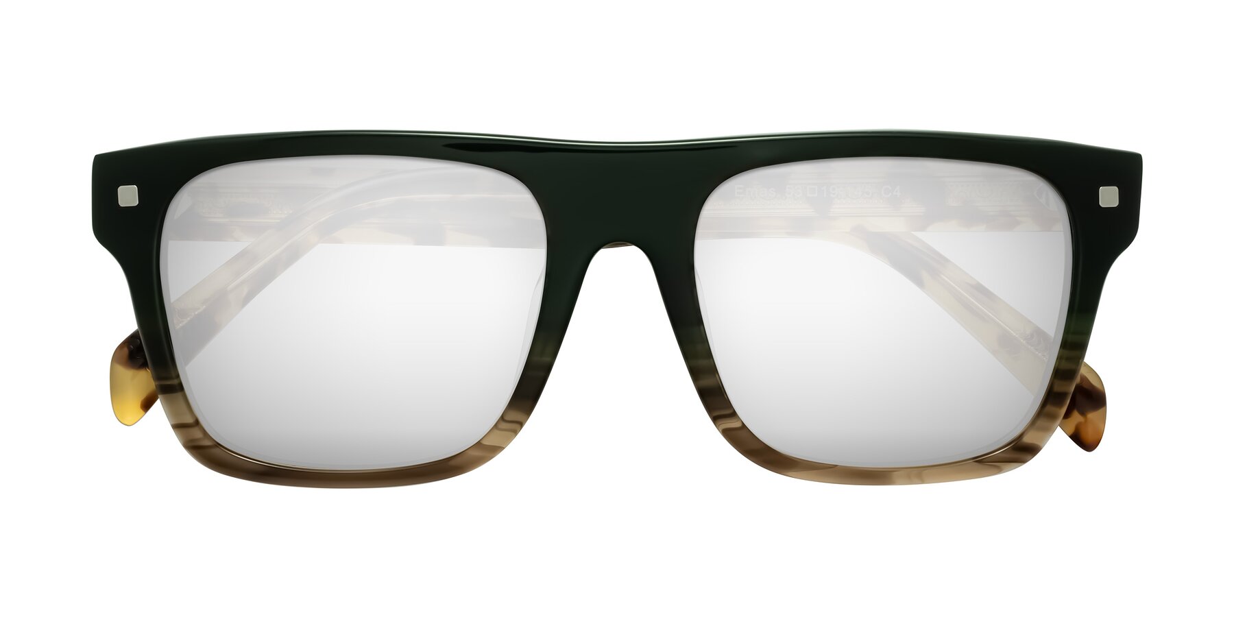 Folded Front of Emas in Green Brown Striped/Honey Tortoise with Silver Mirrored Lenses