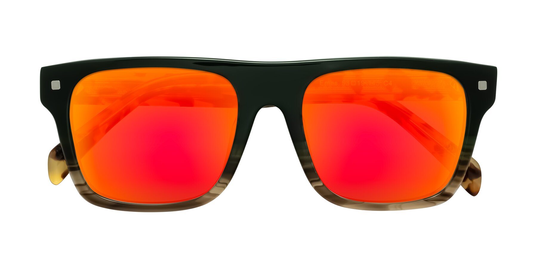 Folded Front of Emas in Green Brown Striped/Honey Tortoise with Red Gold Mirrored Lenses