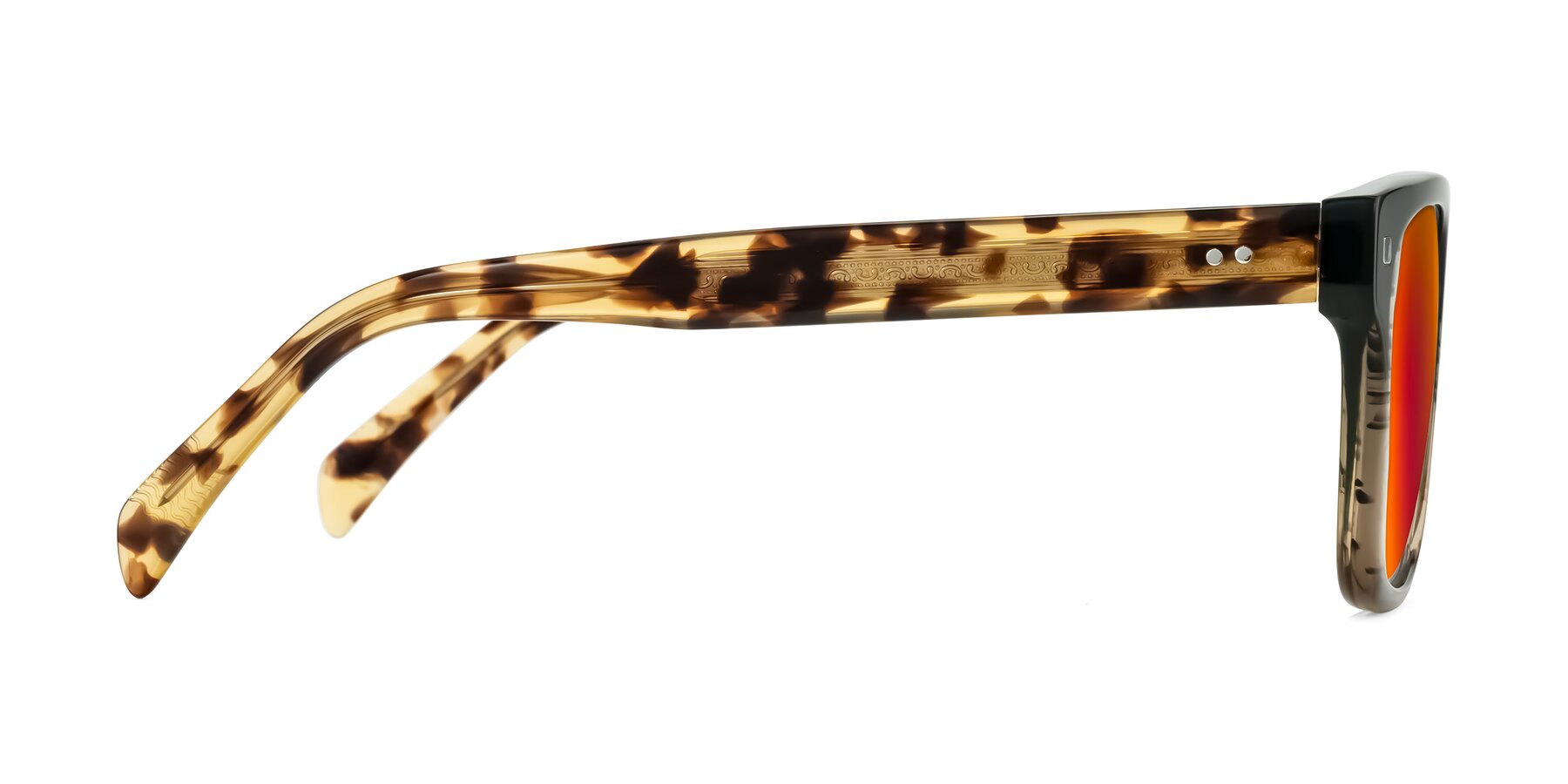 Side of Emas in Green Brown Striped/Honey Tortoise with Red Gold Mirrored Lenses
