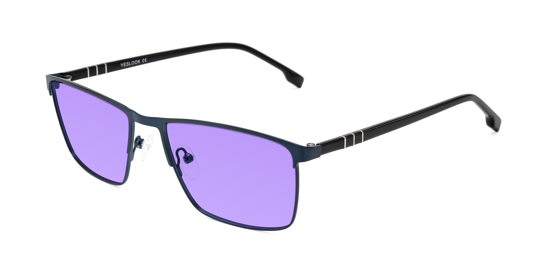 Angle of Sampit in Matte Blue with Medium Purple Tinted Lenses