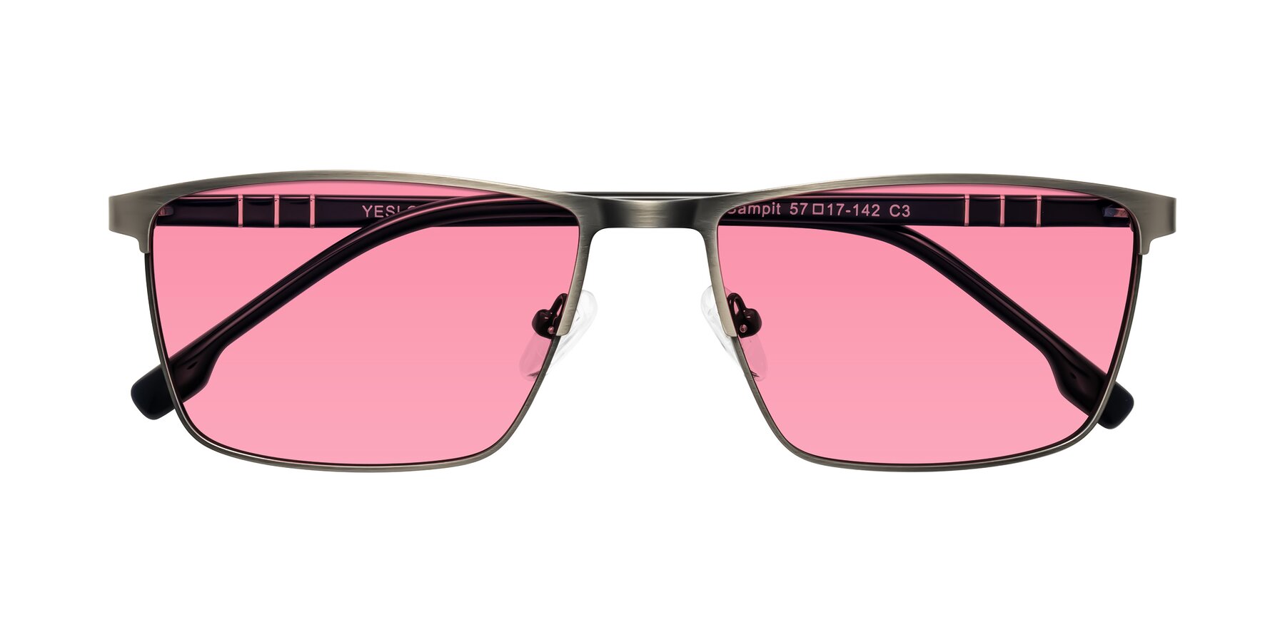 Folded Front of Sampit in Brushed Silver with Pink Tinted Lenses