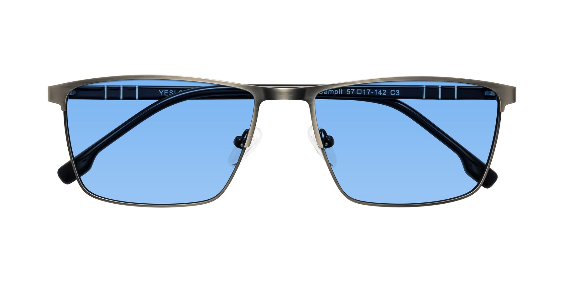 Folded Front of Sampit in Brushed Silver with Medium Blue Tinted Lenses