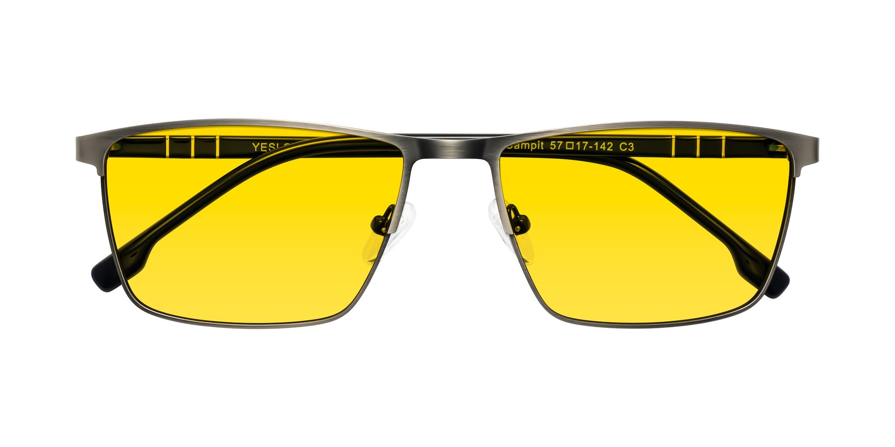 Folded Front of Sampit in Brushed Silver with Yellow Tinted Lenses