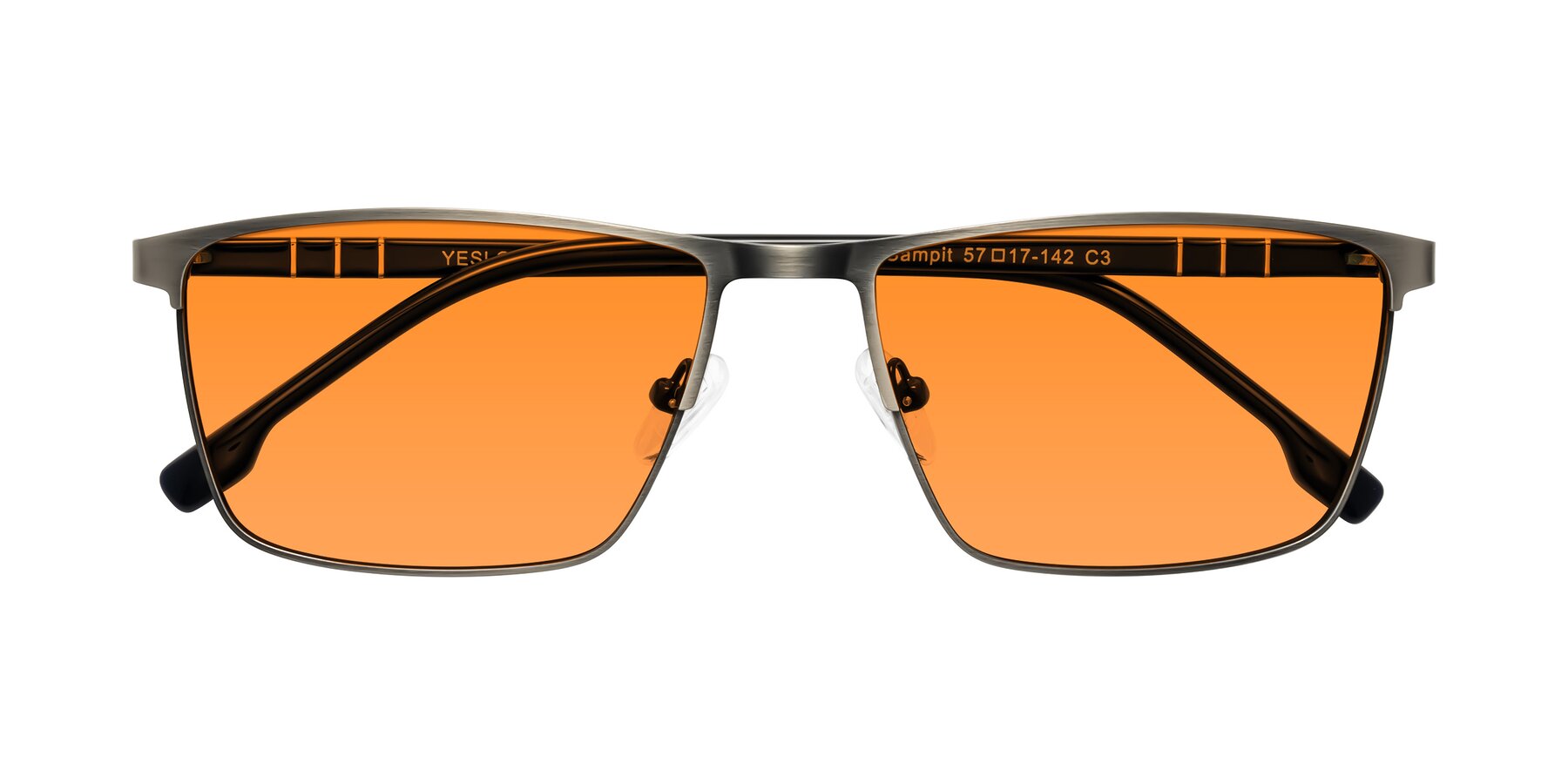 Folded Front of Sampit in Brushed Silver with Orange Tinted Lenses