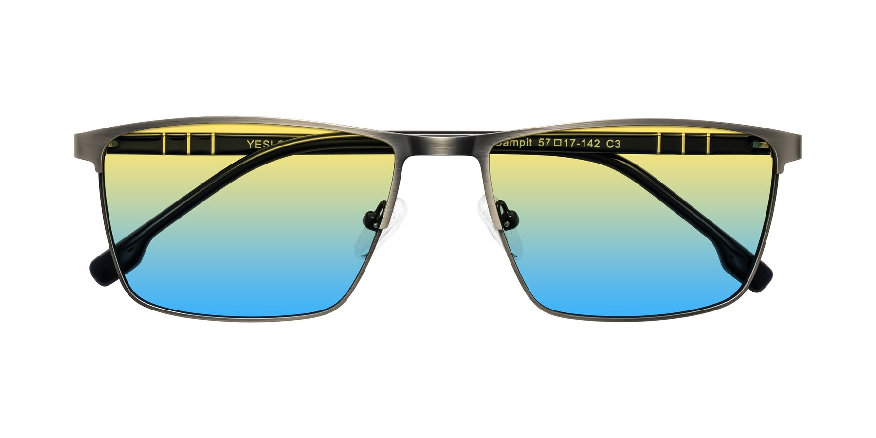 Folded Front of Sampit in Brushed Silver with Yellow / Blue Gradient Lenses