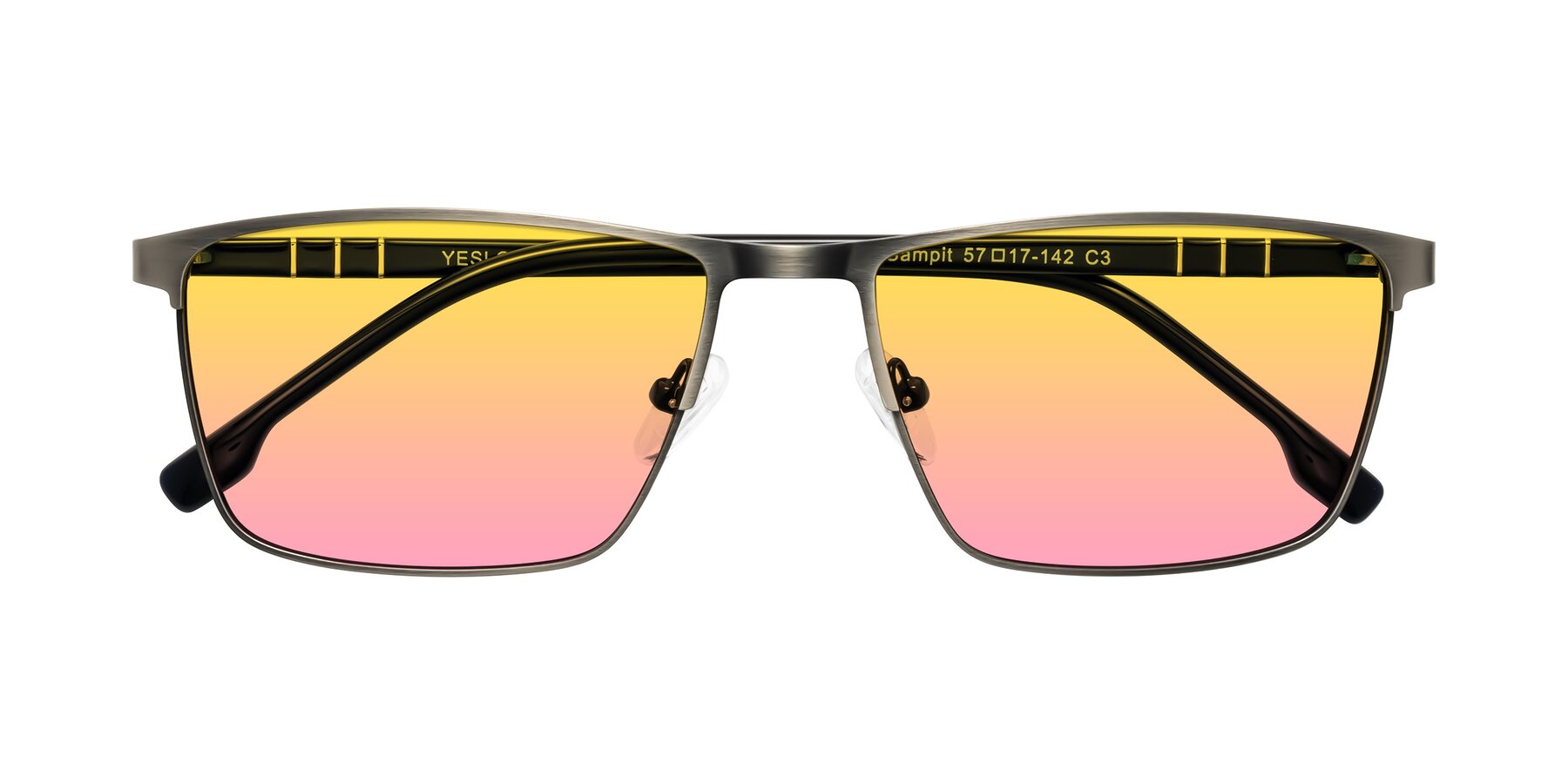 Folded Front of Sampit in Brushed Silver with Yellow / Pink Gradient Lenses