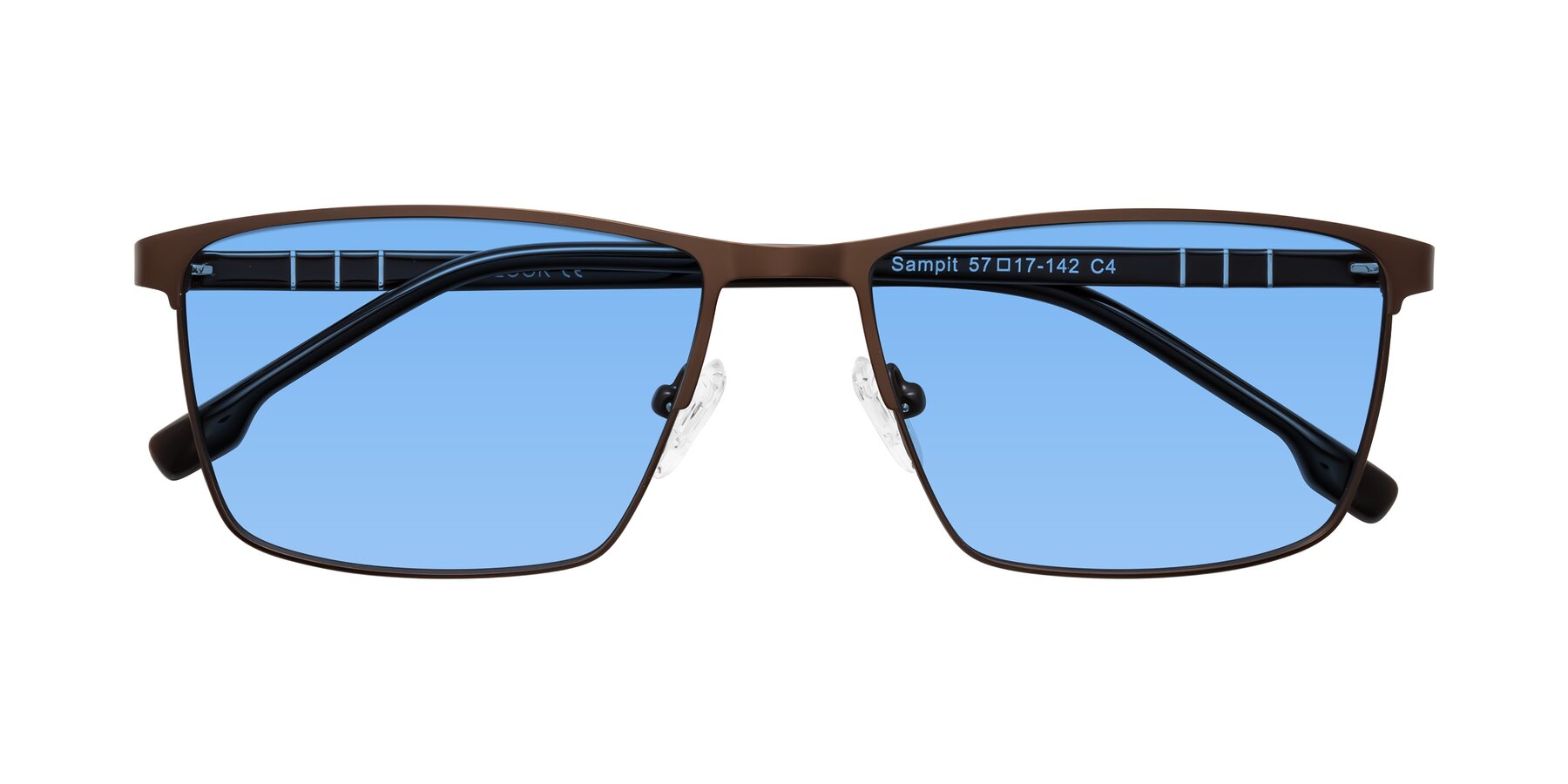 Folded Front of Sampit in Matte Brown with Medium Blue Tinted Lenses
