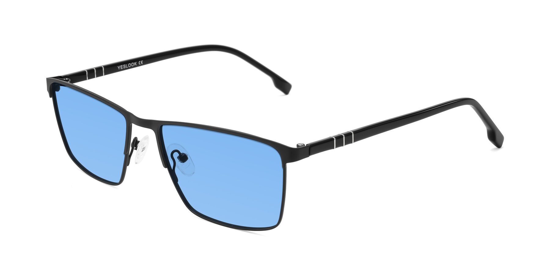 Angle of Sampit in Matte Black with Medium Blue Tinted Lenses