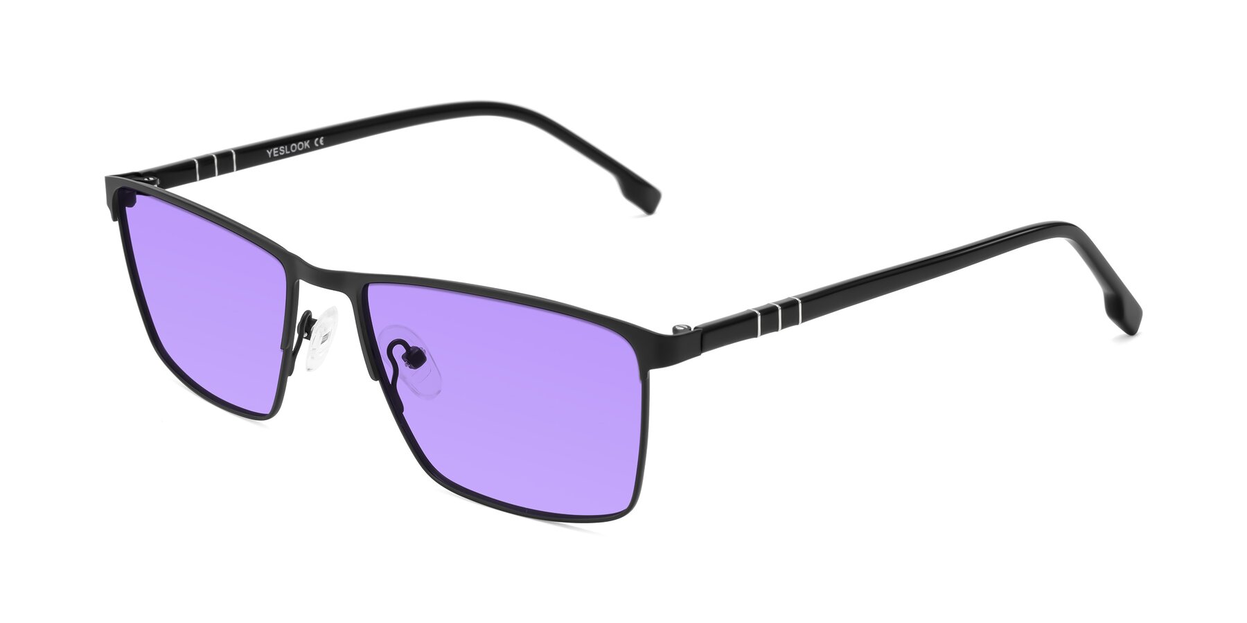Angle of Sampit in Matte Black with Medium Purple Tinted Lenses