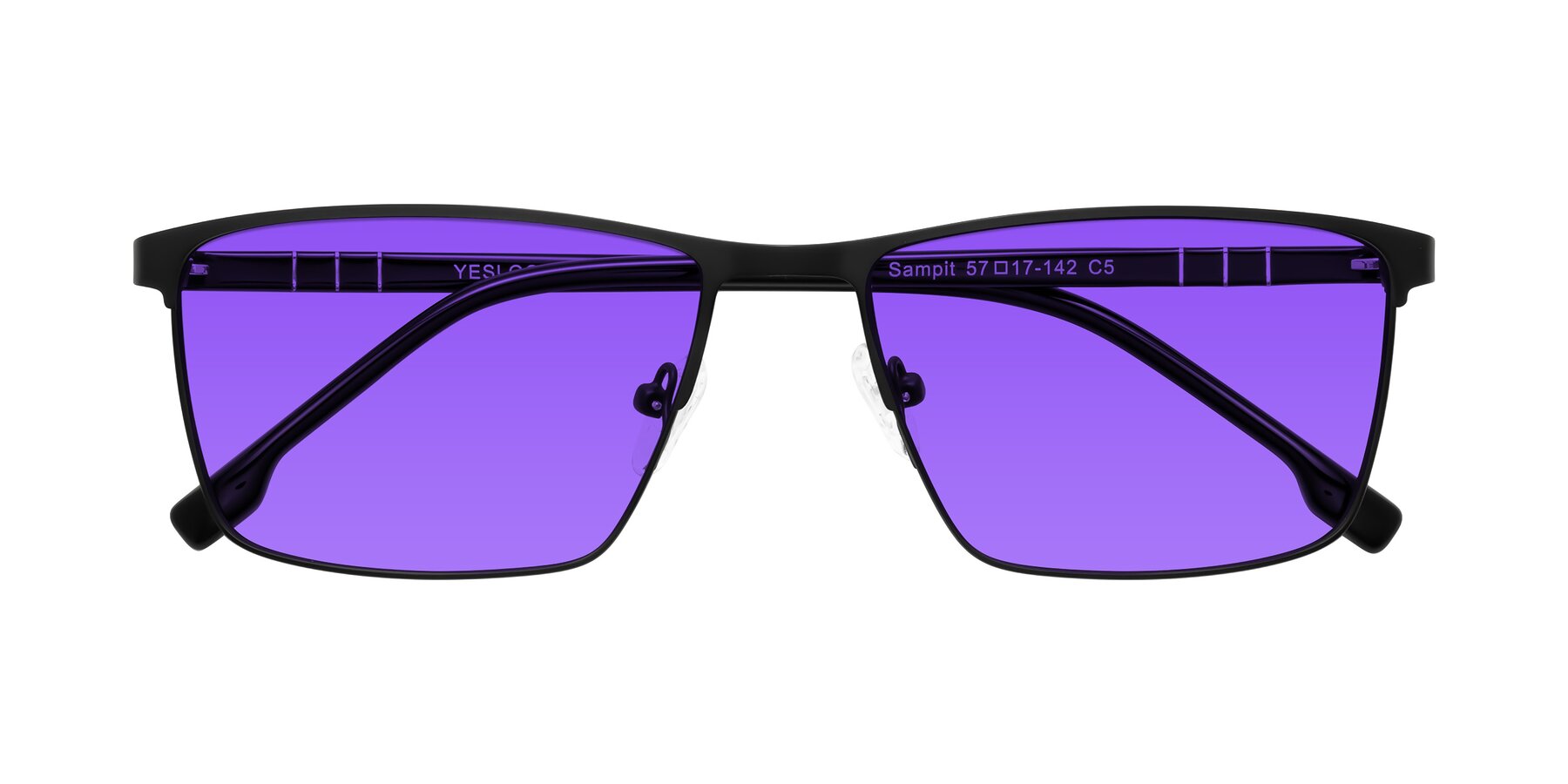 Folded Front of Sampit in Matte Black with Purple Tinted Lenses