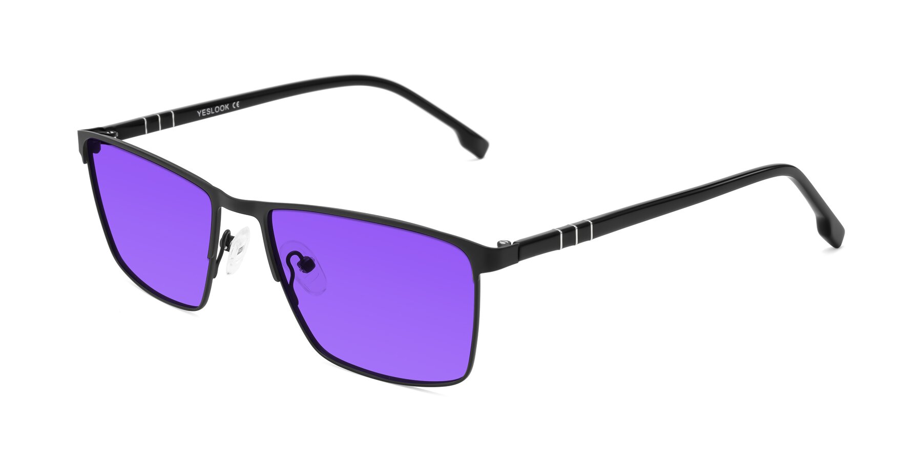 Angle of Sampit in Matte Black with Purple Tinted Lenses