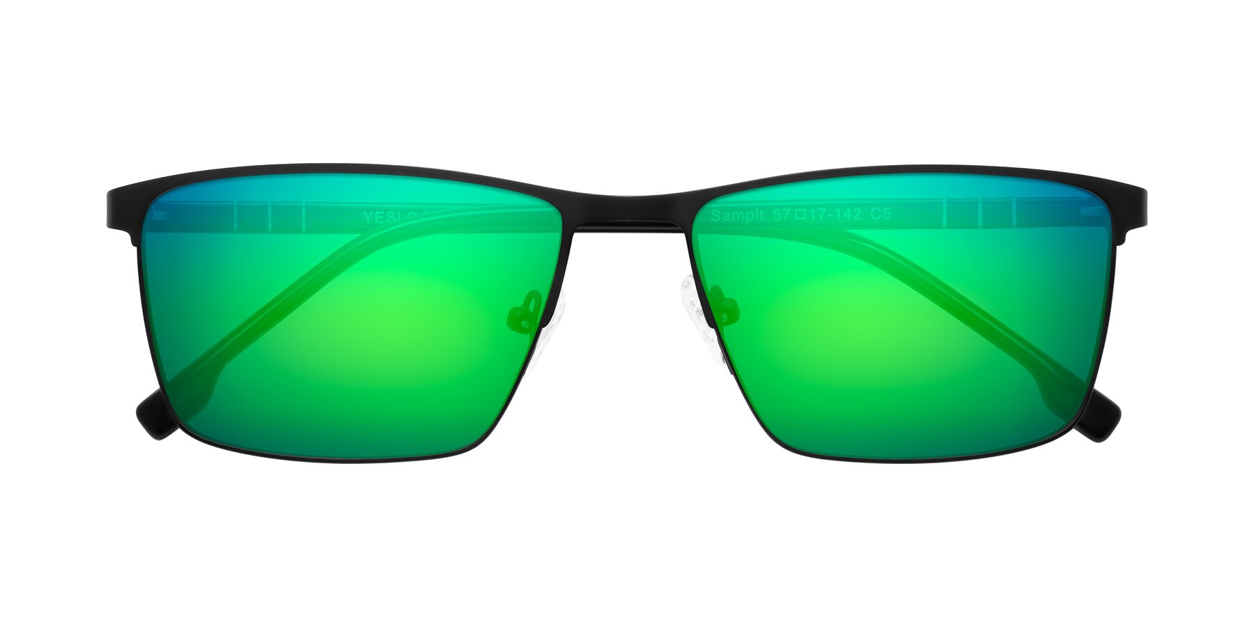 Folded Front of Sampit in Matte Black with Green Mirrored Lenses