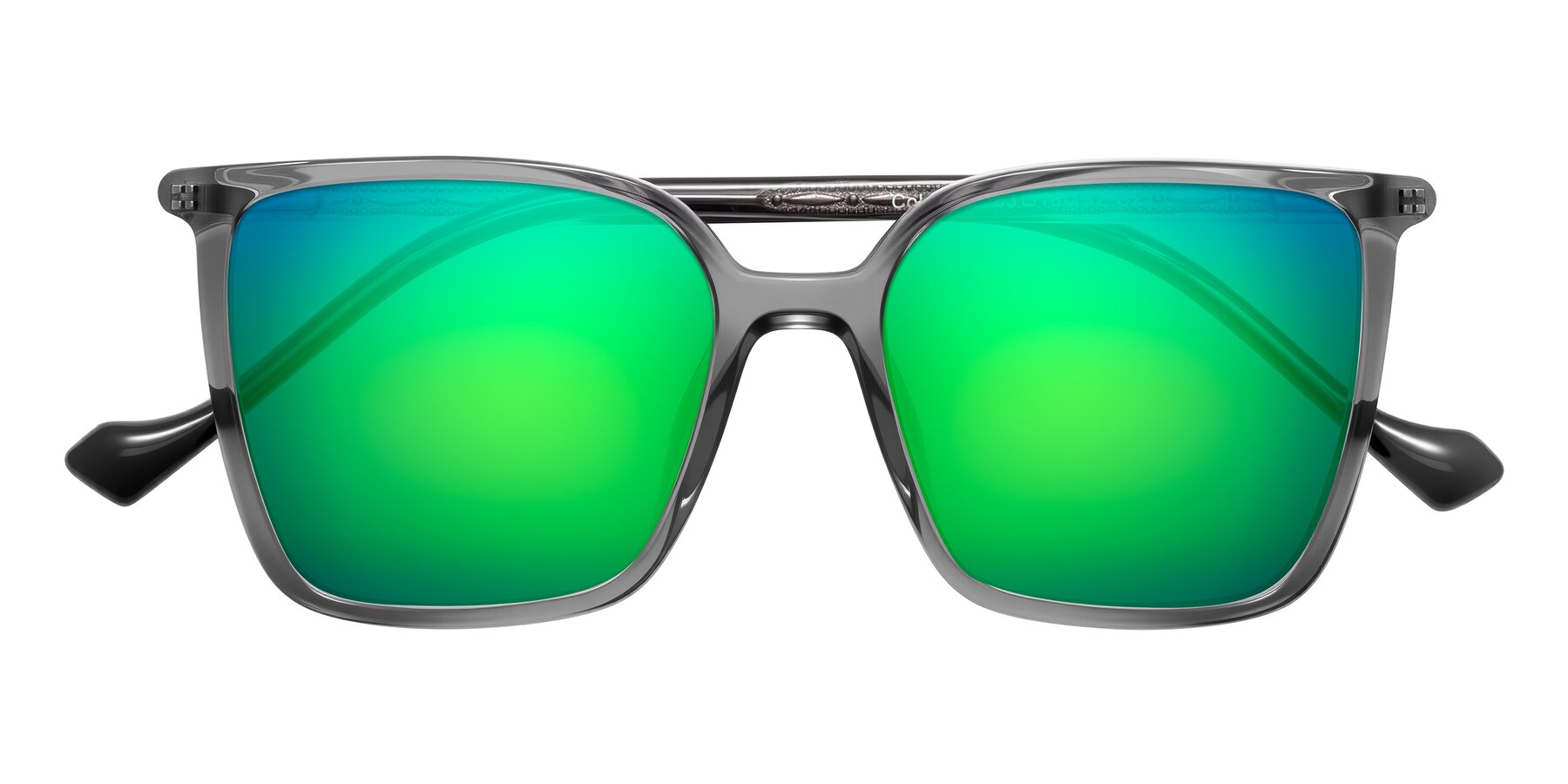 Folded Front of Colemers in Transparent Gray with Green Mirrored Lenses
