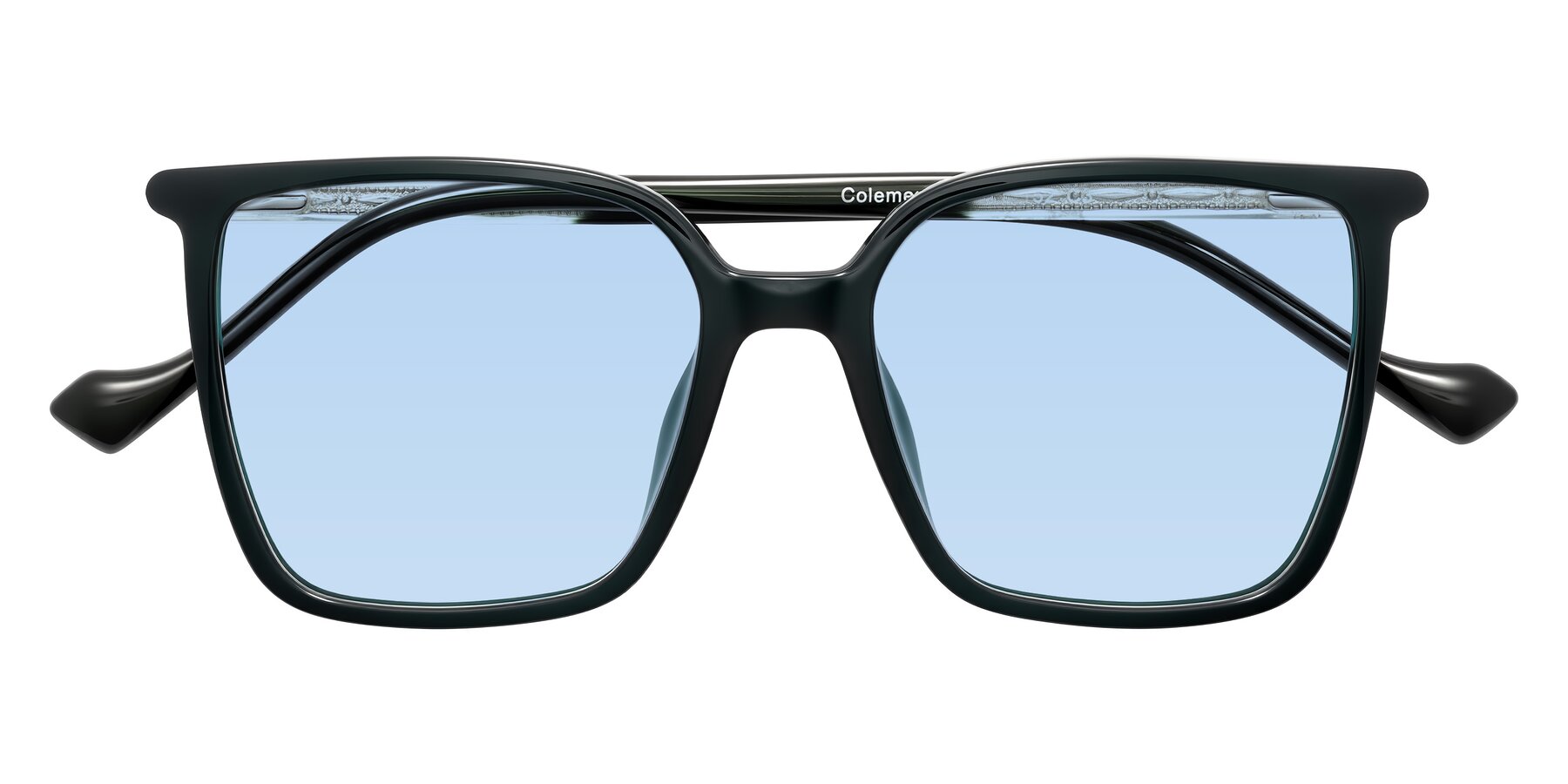 Folded Front of Colemers in Dark Green with Light Blue Tinted Lenses