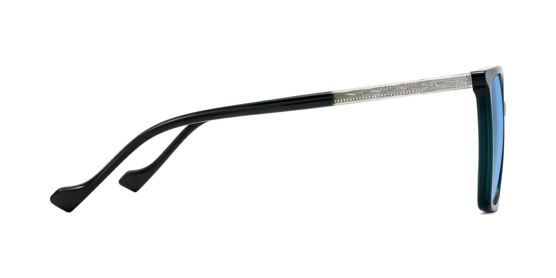 Side of Colemers in Dark Green with Medium Blue Tinted Lenses