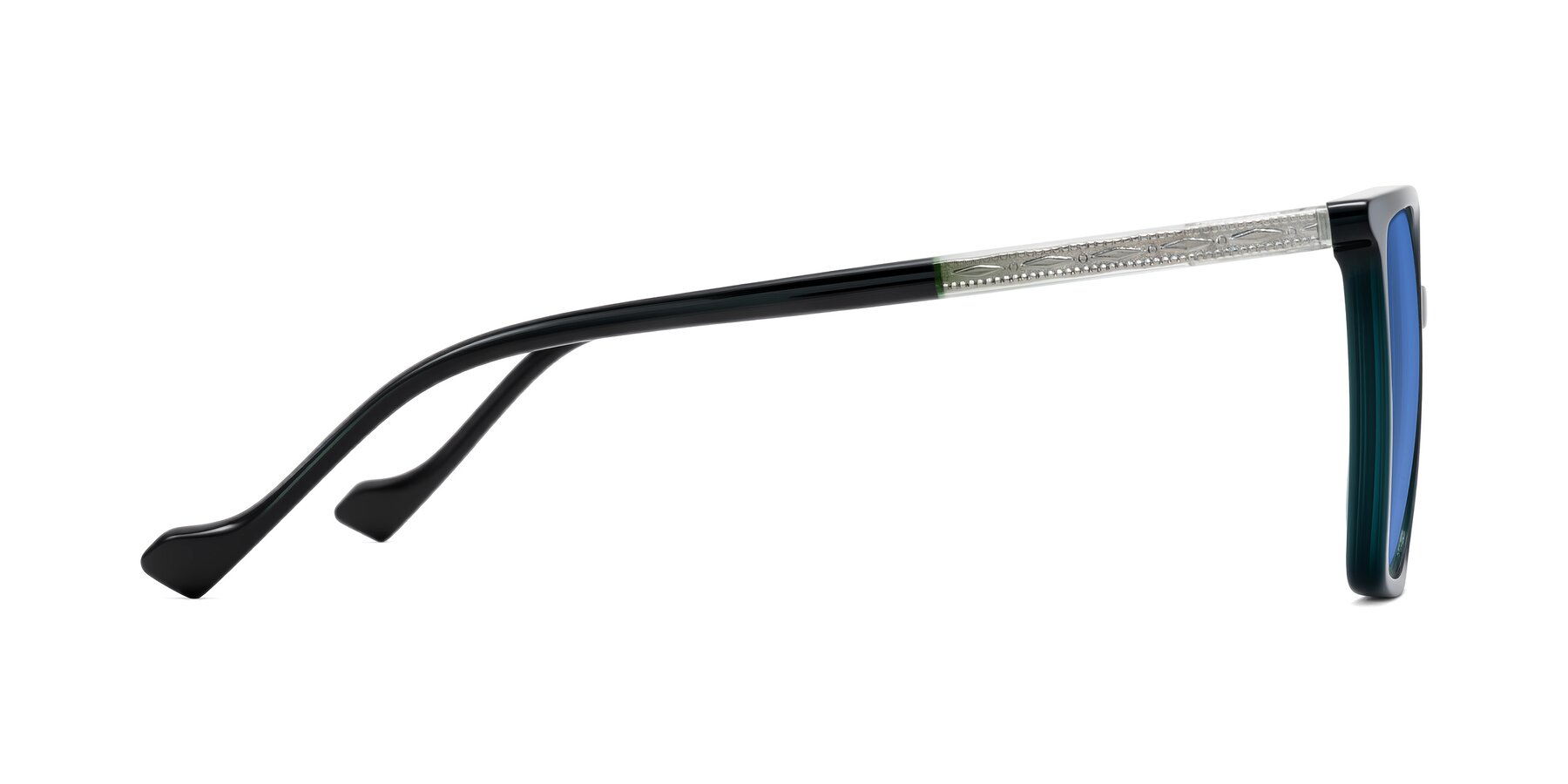 Side of Colemers in Dark Green with Blue Tinted Lenses