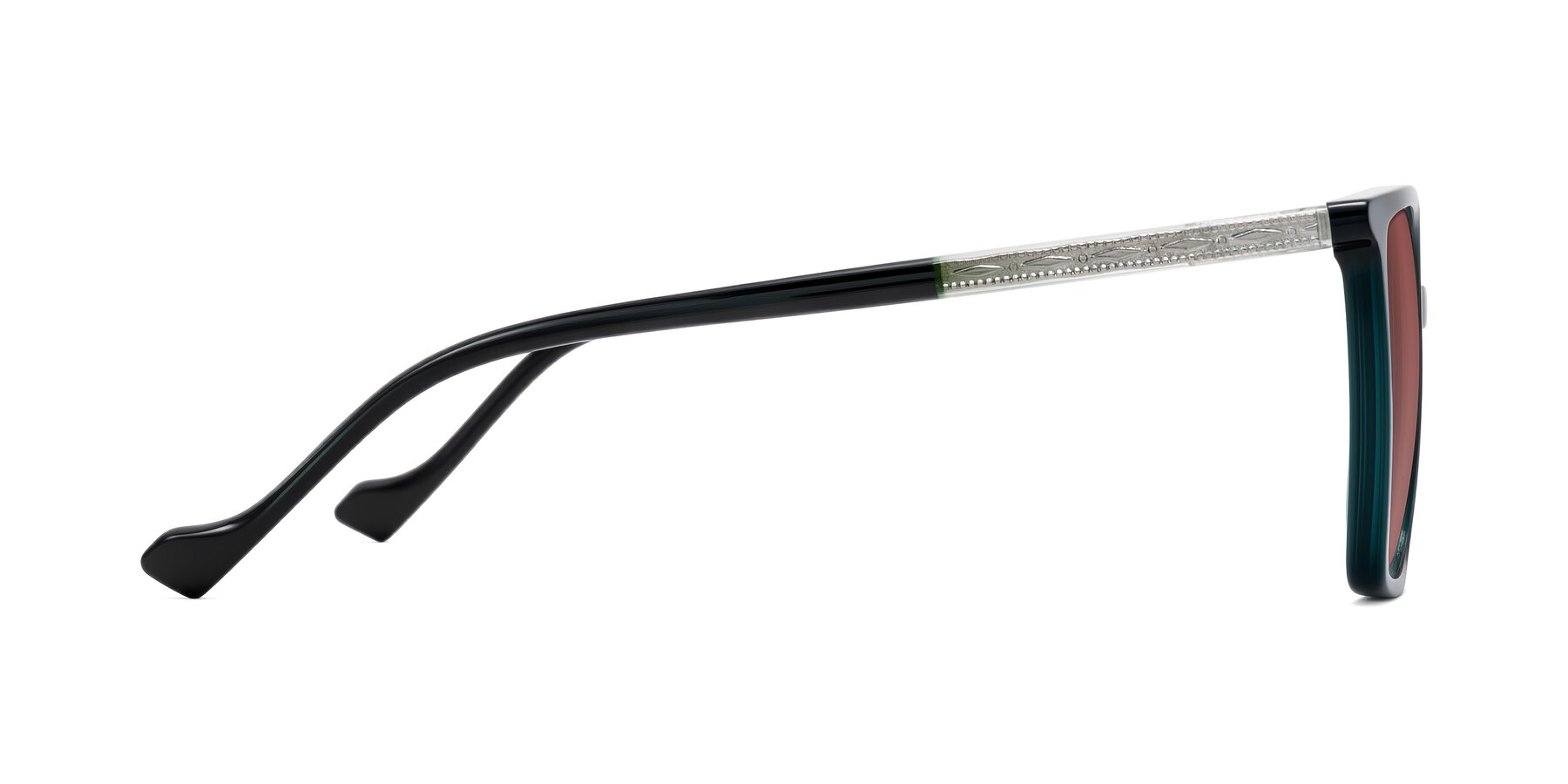 Side of Colemers in Dark Green with Garnet Tinted Lenses