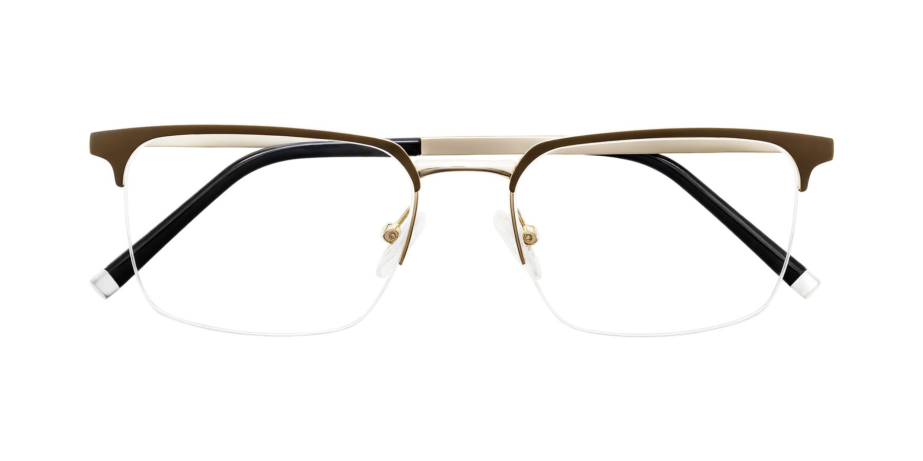Folded Front of Volkho in Matte Brown/Gold with Clear Eyeglass Lenses