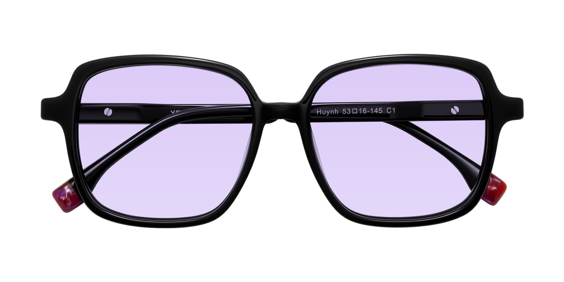 Folded Front of Huynh in Black with Light Purple Tinted Lenses