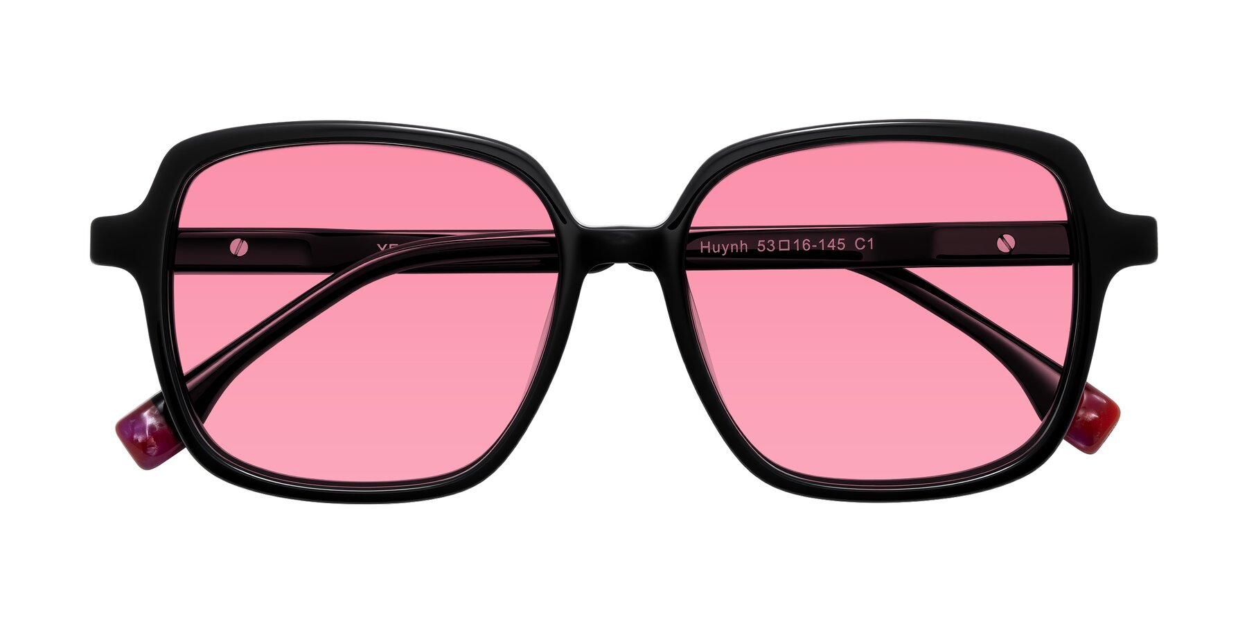 Folded Front of Huynh in Black with Pink Tinted Lenses