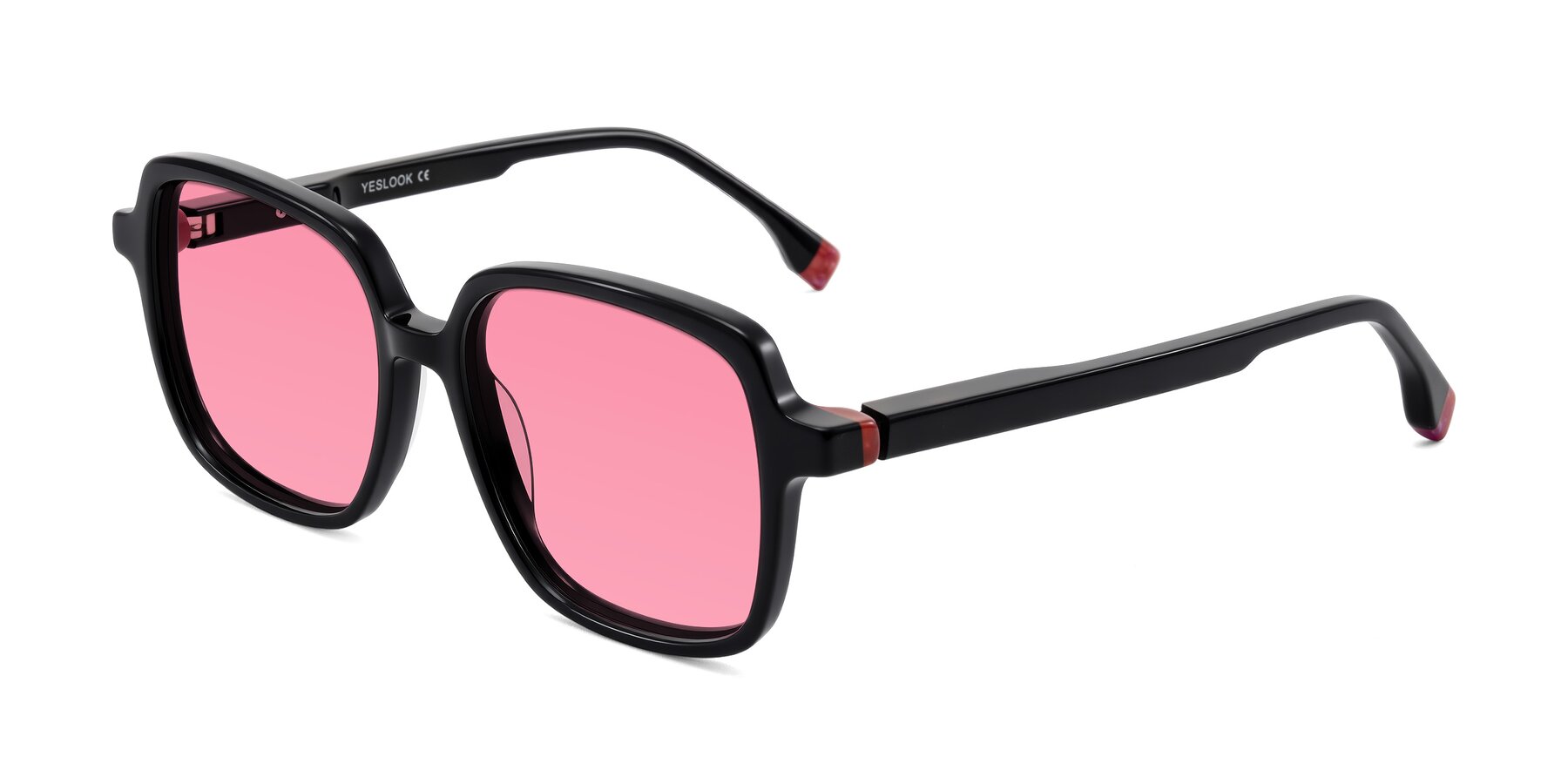 Angle of Huynh in Black with Pink Tinted Lenses