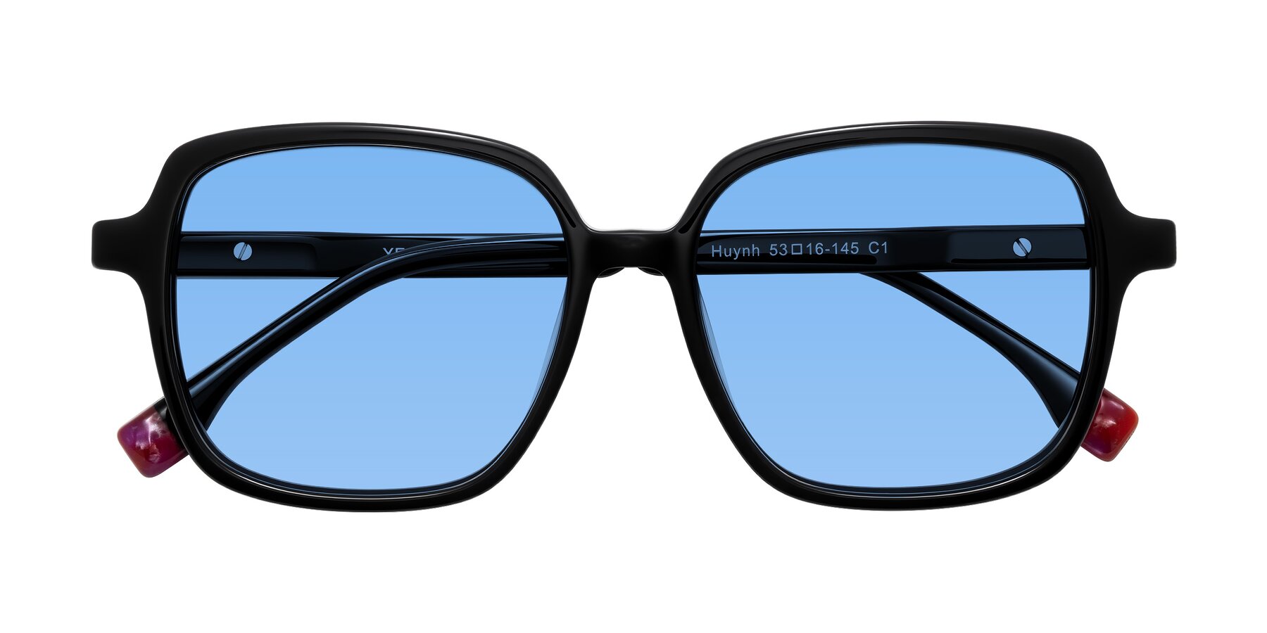 Folded Front of Huynh in Black with Medium Blue Tinted Lenses