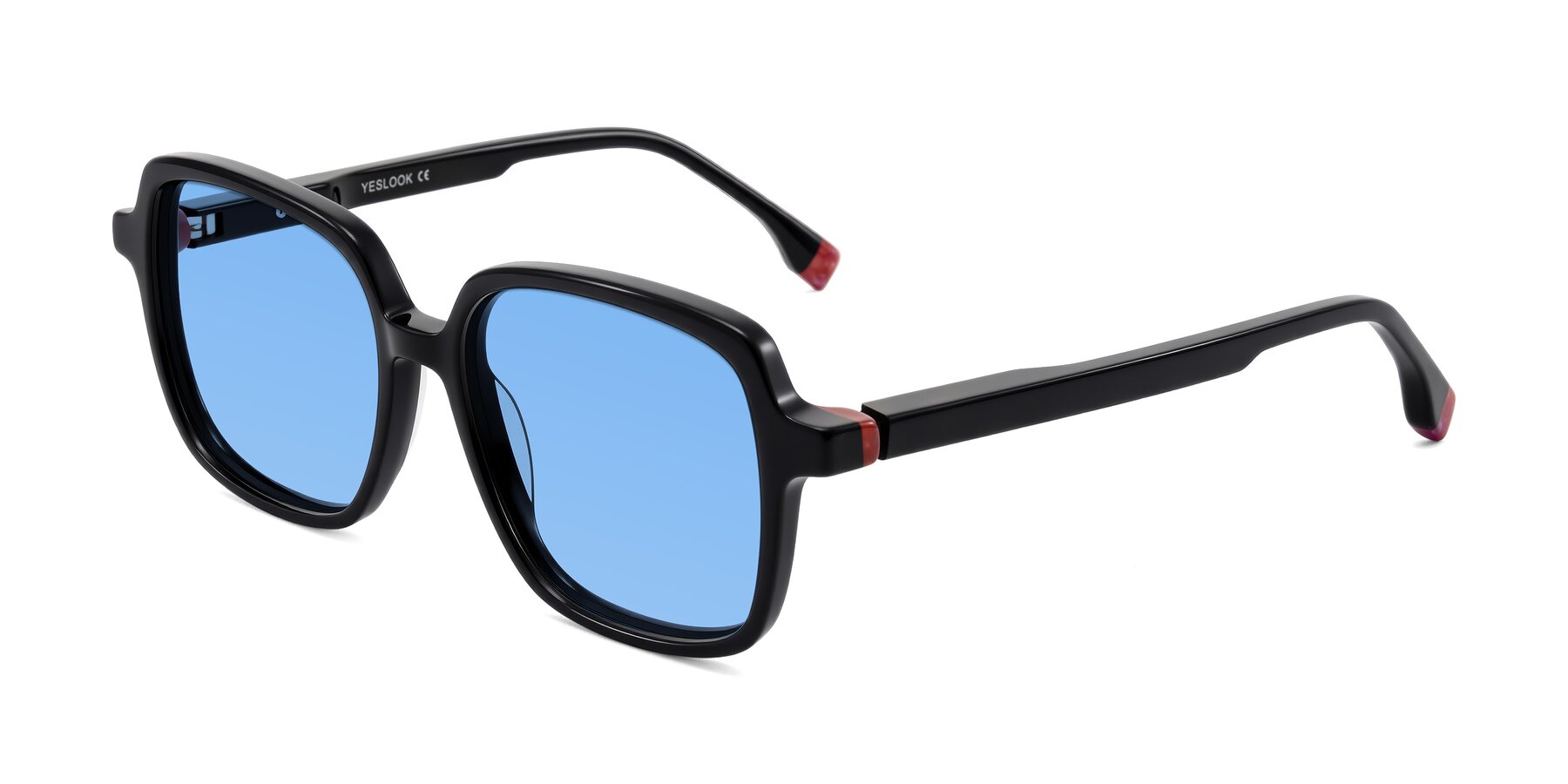 Angle of Huynh in Black with Medium Blue Tinted Lenses