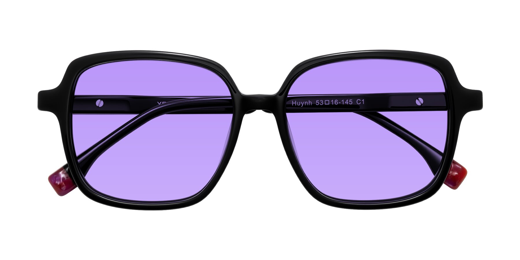 Folded Front of Huynh in Black with Medium Purple Tinted Lenses