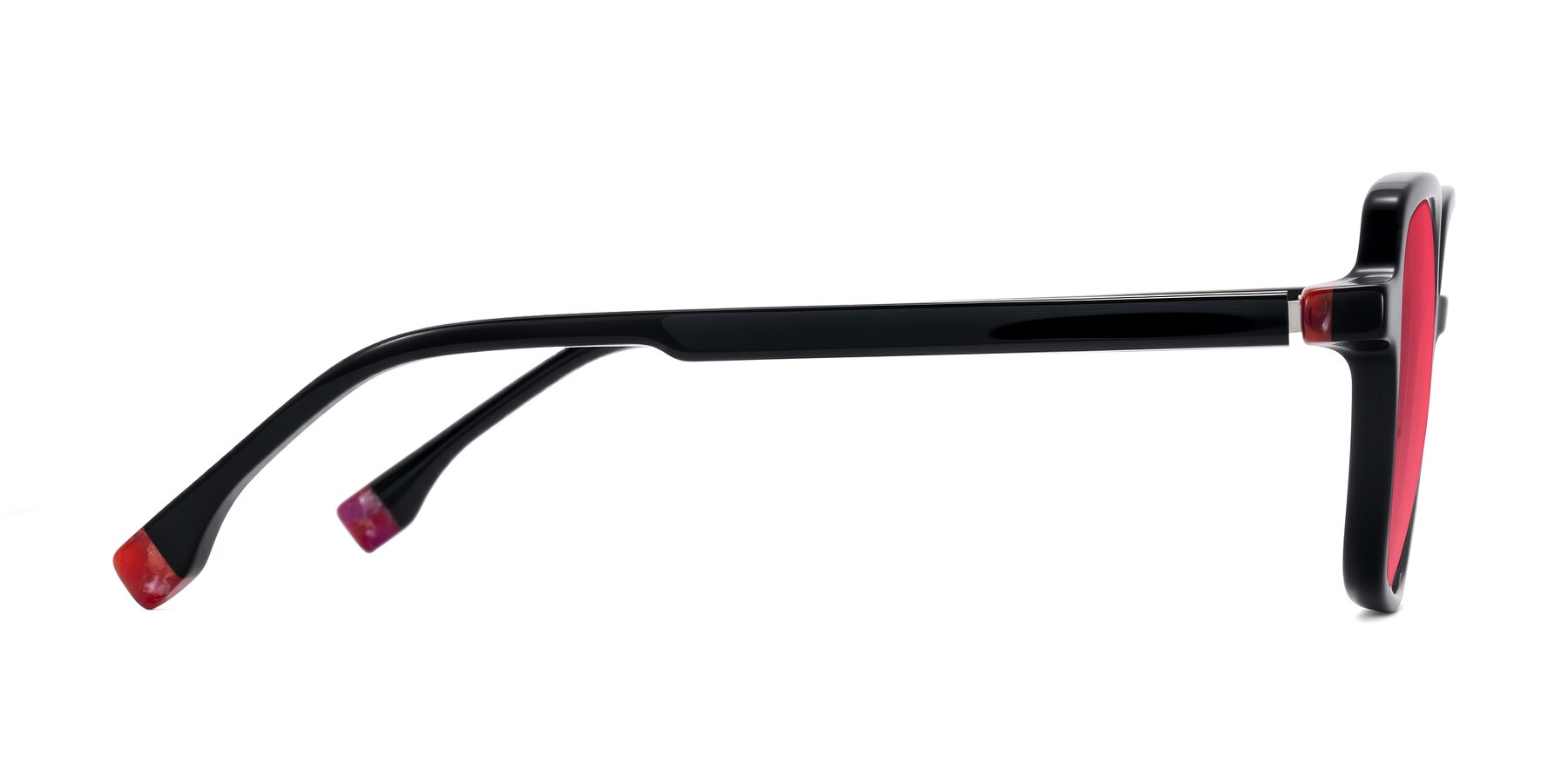 Side of Huynh in Black with Red Tinted Lenses