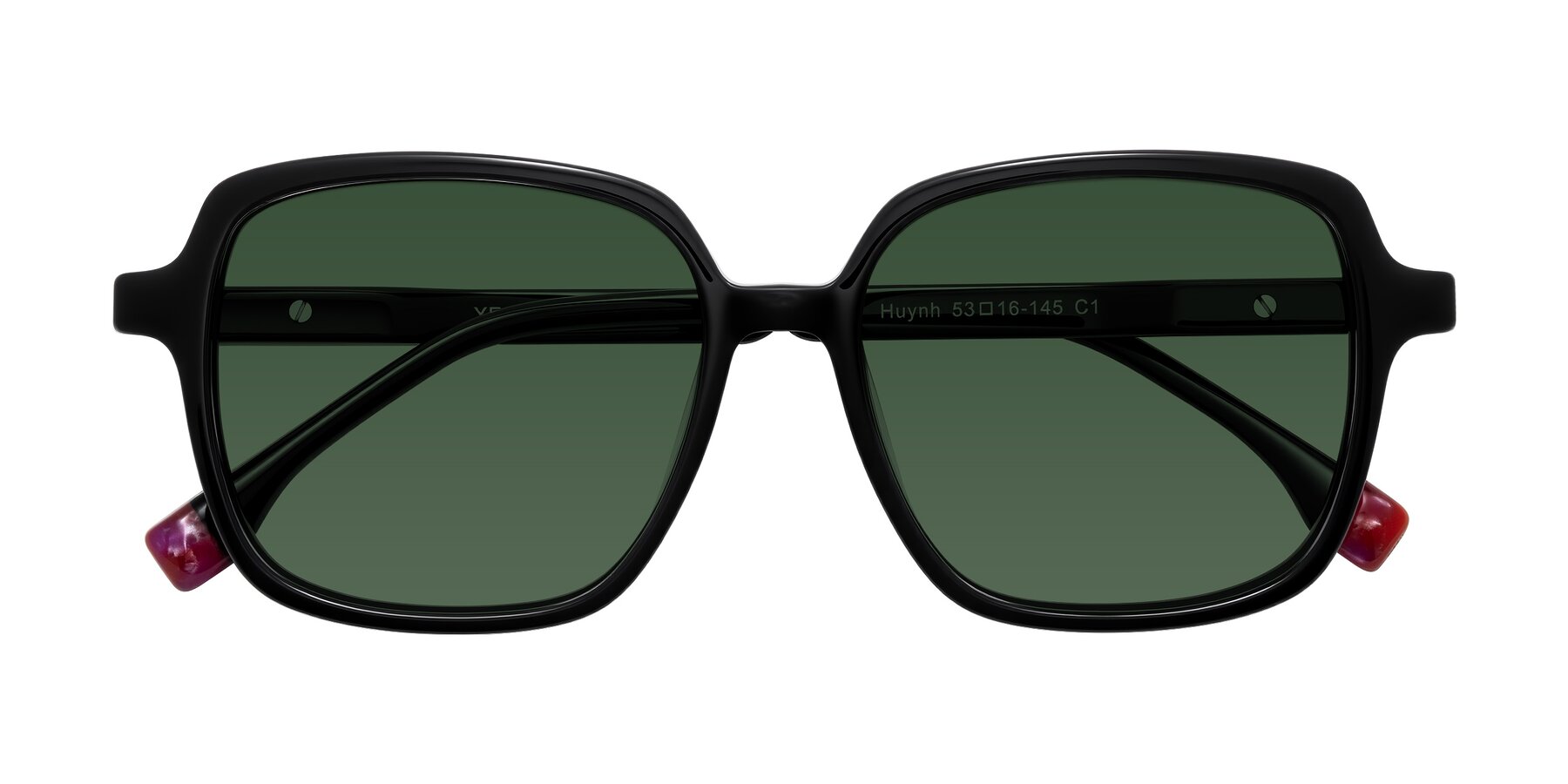 Folded Front of Huynh in Black with Green Tinted Lenses