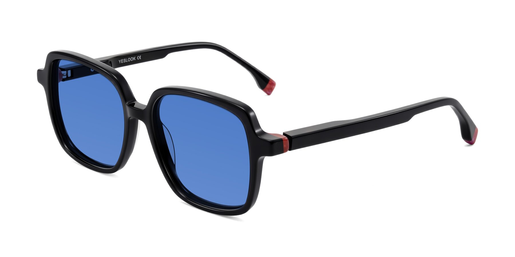 Angle of Huynh in Black with Blue Tinted Lenses