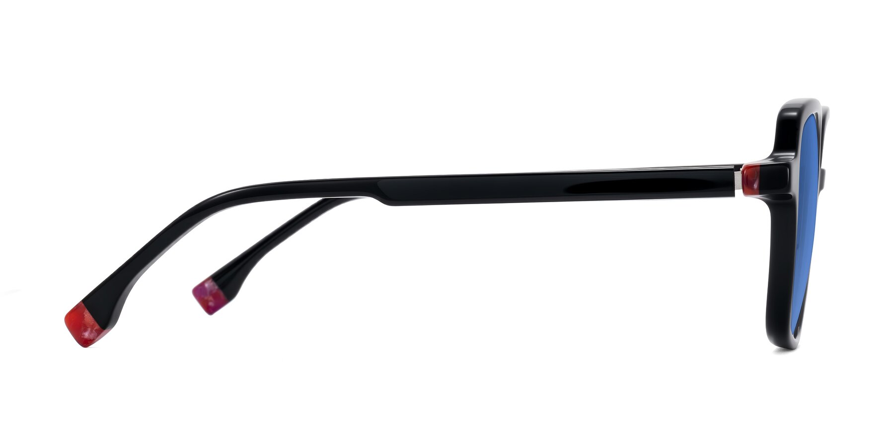 Side of Huynh in Black with Blue Tinted Lenses