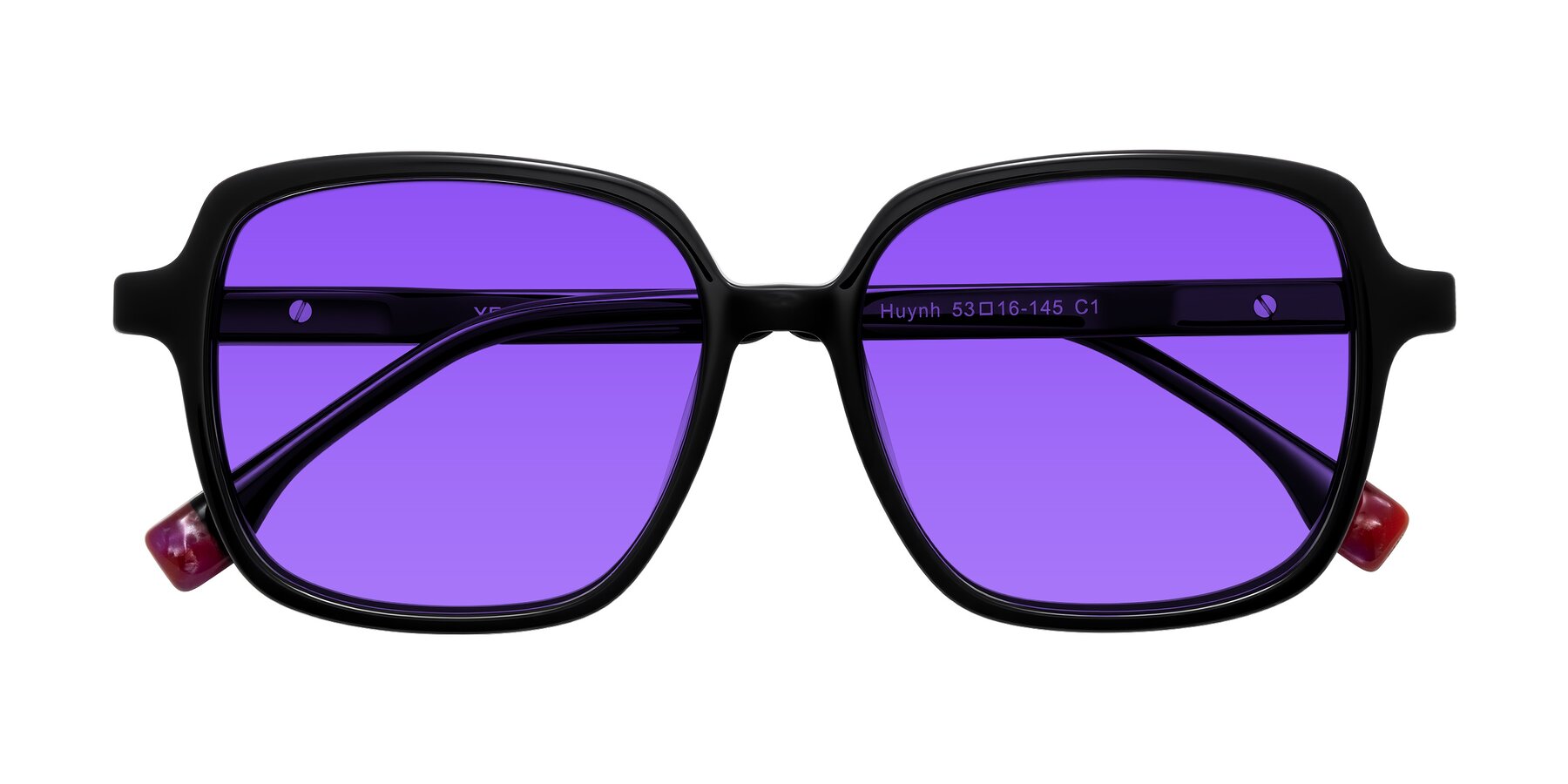 Folded Front of Huynh in Black with Purple Tinted Lenses