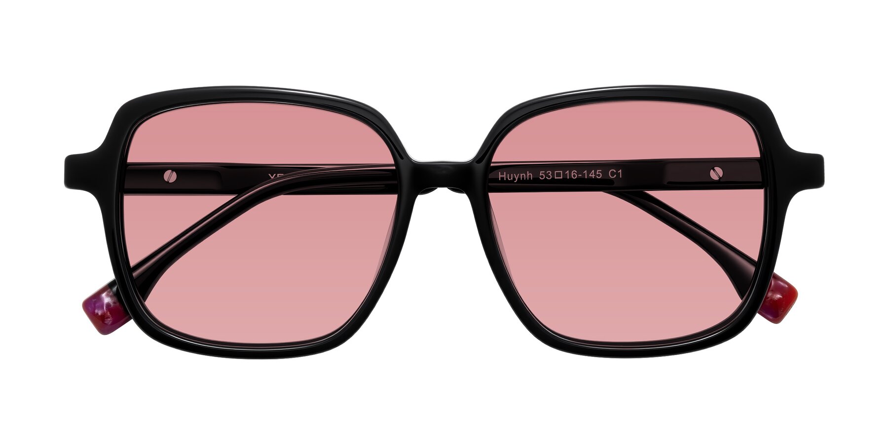 Folded Front of Huynh in Black with Medium Garnet Tinted Lenses
