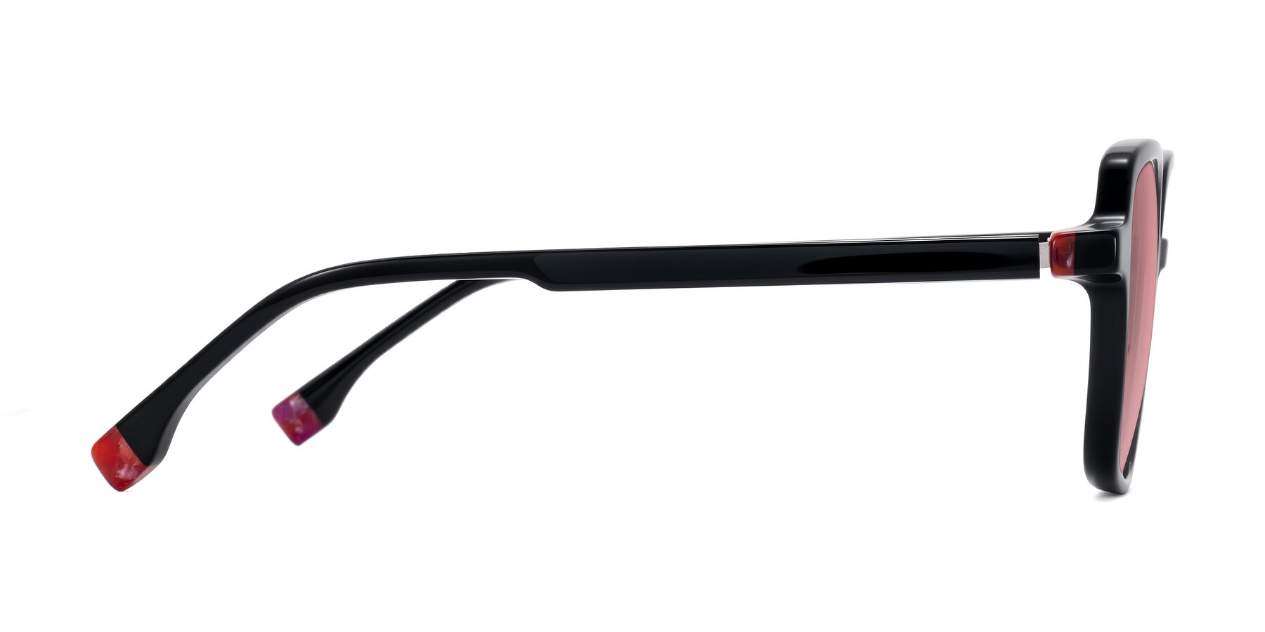 Side of Huynh in Black with Medium Garnet Tinted Lenses