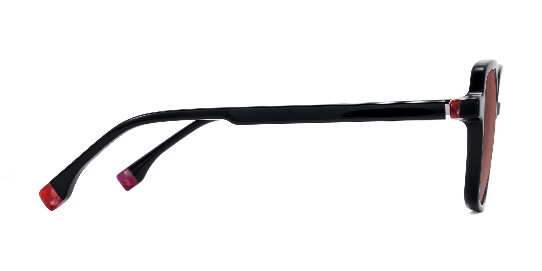 Side of Huynh in Black with Garnet Tinted Lenses