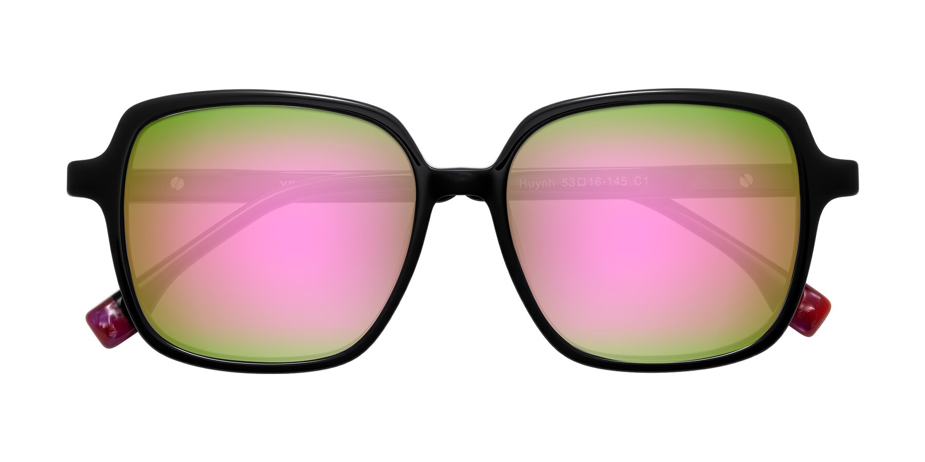 Folded Front of Huynh in Black with Pink Mirrored Lenses