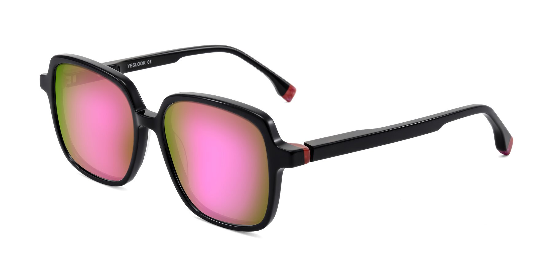 Angle of Huynh in Black with Pink Mirrored Lenses