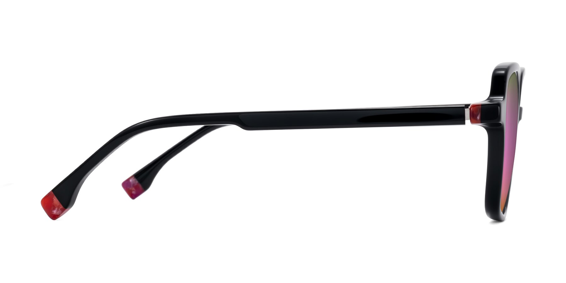 Side of Huynh in Black with Pink Mirrored Lenses