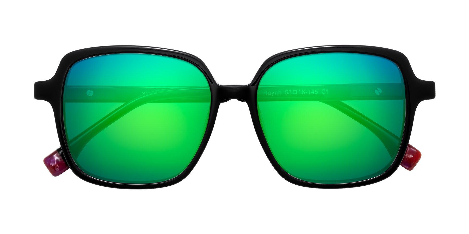 Folded Front of Huynh in Black with Green Mirrored Lenses