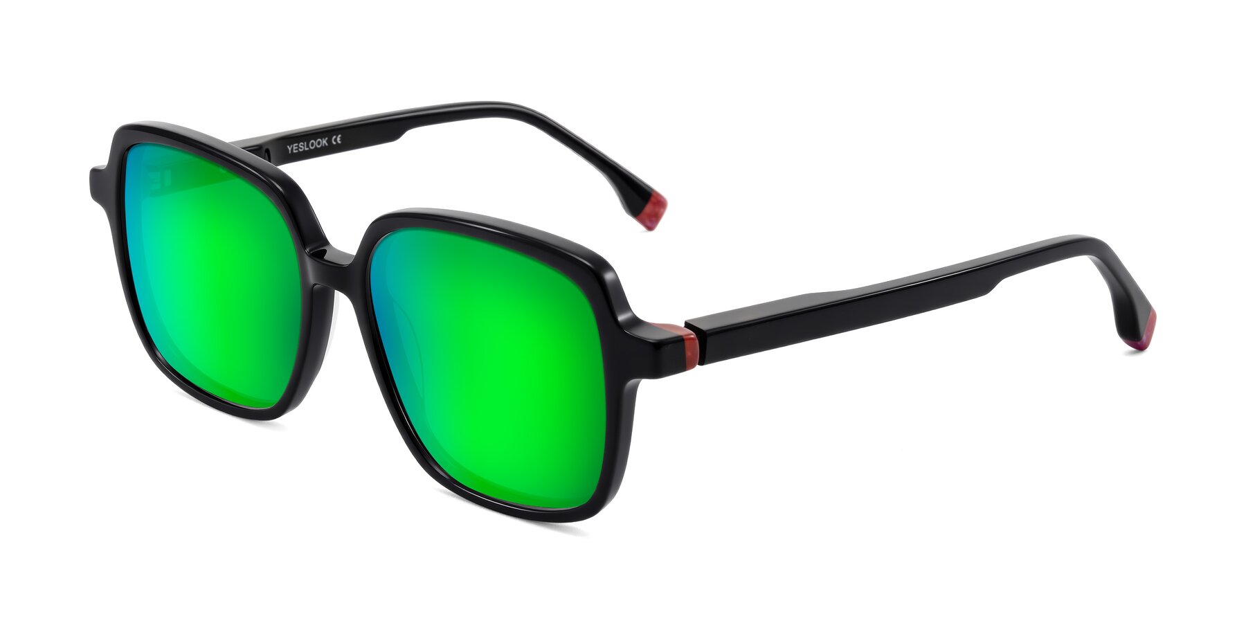 Angle of Huynh in Black with Green Mirrored Lenses