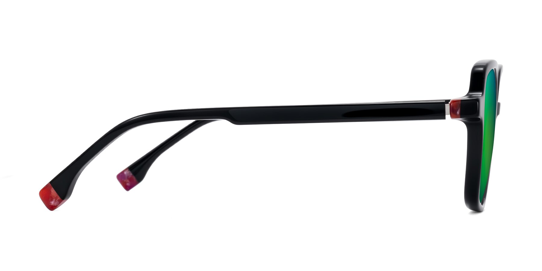 Side of Huynh in Black with Green Mirrored Lenses