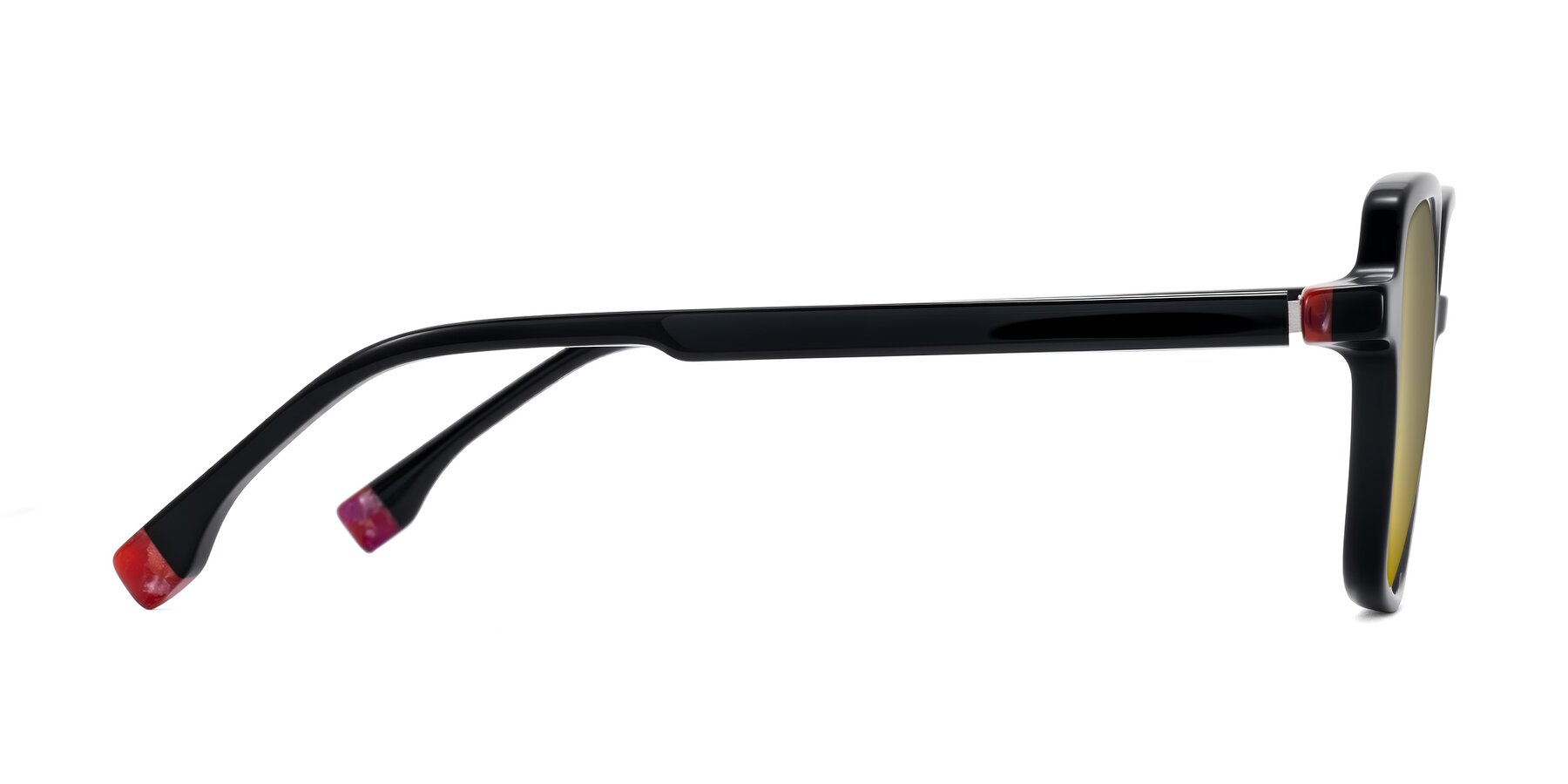 Side of Huynh in Black with Gold Mirrored Lenses