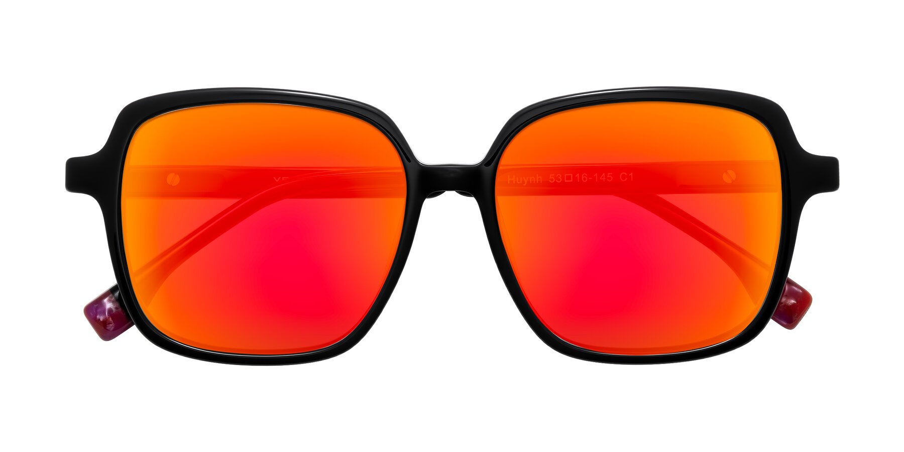 Folded Front of Huynh in Black with Red Gold Mirrored Lenses