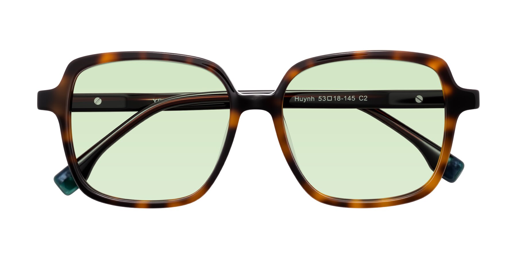 Folded Front of Huynh in Tortoise with Light Green Tinted Lenses