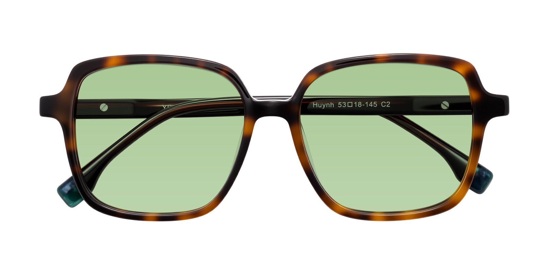 Folded Front of Huynh in Tortoise with Medium Green Tinted Lenses