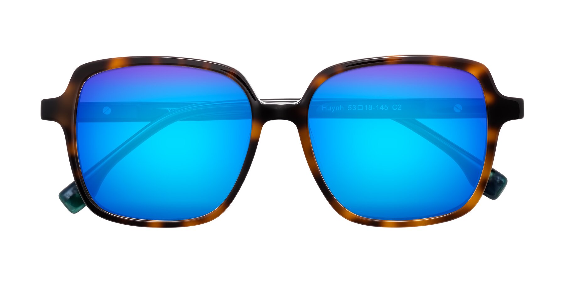 Folded Front of Huynh in Tortoise with Blue Mirrored Lenses