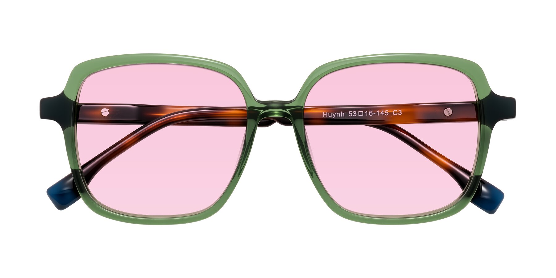 Folded Front of Huynh in Green/Tortoise with Light Pink Tinted Lenses