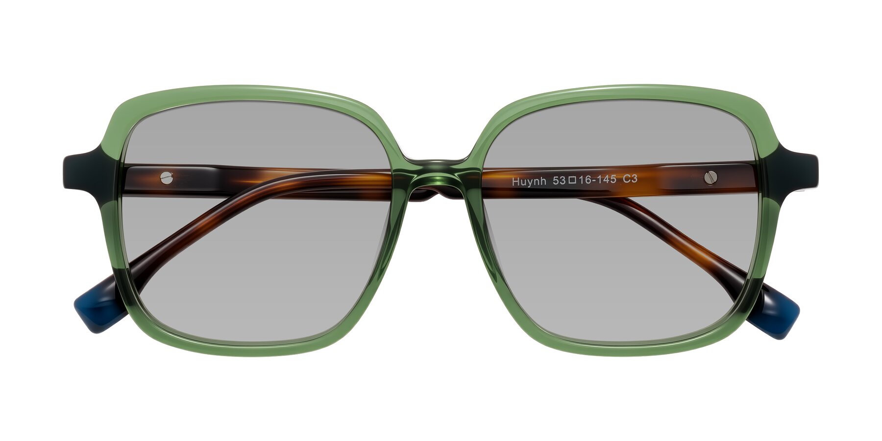 Folded Front of Huynh in Green/Tortoise with Light Gray Tinted Lenses